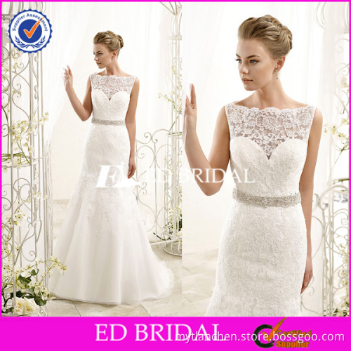 W1301 Boat Neckline Sleeveless Bride Wear Shiny Belt Mermaid Wedding Party Dresses